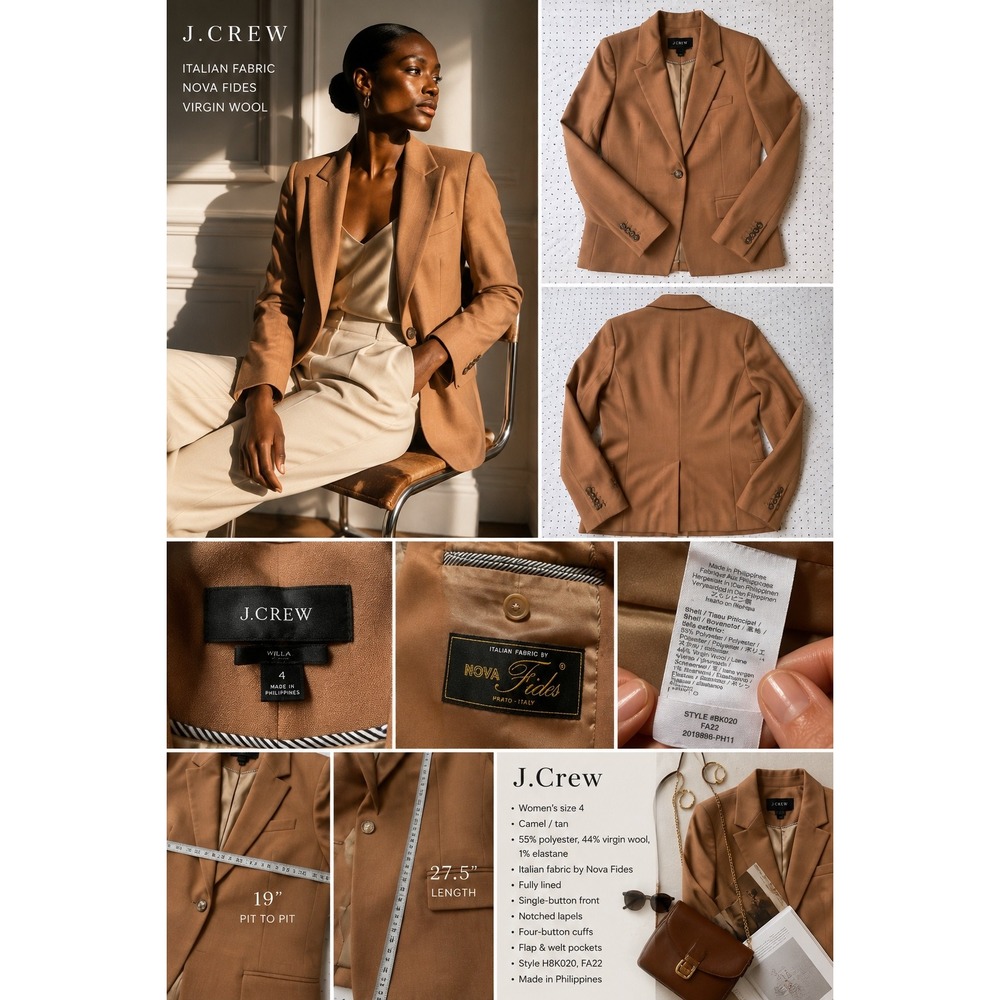 J.Crew Willa Blazer 4 Camel Tan Italian Virgin Wool Nova Fides Jacket BK020